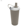 A drink bottle featuring a double wall design, grey body, and a white lid with a built-in straw and handle.