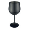 A stainless steel wine glass in matte black, featuring a sleek design with a round base and long stem.