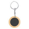 A round bamboo keyring with a silver metal keychain, featuring a blank black centre.