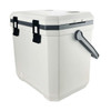 A white cooler box with grey accents and handles, featuring a secure latch system.