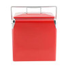 A retro red metal ice cooler box with a silver handle, designed for storing food and drinks.