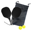 A black pickleball paddle set with two paddles and two yellow balls, stored in a black drawstring bag.