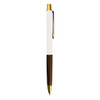 A metal pen with a white barrel and a wooden grip, featuring a gold clip and tip. It has a branding logo.
