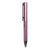 A pink metal pen with a textured grip and a clip, featuring branding on the side.
