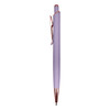 A metal pen in a soft lavender hue with a rose gold clip, featuring a sleek design and branding.