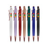 A collection of eight metal pens in white, lavender, red, rose gold, navy, green, black, and dark blue, featuring a logo.