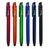 A collection of stylus pens in red, orange, green, blue, and black, featuring a logo on each pen.