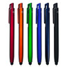 A collection of six stylus pens in red, orange, green, blue, black, and a metallic finish. Each pen features a clip and has a logo.