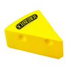 A triangular stress toy shaped like a wedge of yellow cheese, featuring a logo on one side.