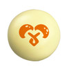 A yellow stress mushroom with an orange design featuring mushrooms and a heart shape.