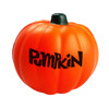 An orange stress pumpkin with a green stem, featuring a playful black text design.