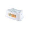 A white plastic step stool with a textured surface and a branding logo on the side.