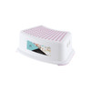 A white step stool with a pink base and a logo on the side, featuring a textured surface for extra grip.