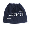 A navy blue boot cover with a gathered top and a logo featuring the word "ARTIST" in white lettering.