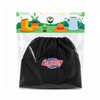 A black drawstring bag with a logo, packaged for waterproof boot covers. The background features gardening elements.