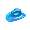 Iridescent blue cowboy hat with a white band and branding on the front.