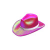 An iridescent cowboy hat in bright pink, featuring a white band and a logo on the side.