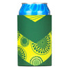 A green neoprene stubby holder with a yellow and green design, holding a can of drink.