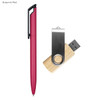 A burgundy red pen and a wooden USB drive with a metal clip, featuring a logo.