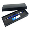 A blue pen and a USB drive are displayed in a black gift box with a textured finish.