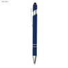A dark blue pen with a silver clip and accents, featuring a stylus tip on the end. It has a sleek design.