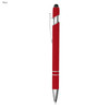 A red pen with a silver clip and tip, featuring a stylus on the top.