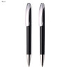 A set of two black plastic pens with chrome accents and a sleek design, featuring a logo on each pen.