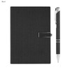 A black notebook with a textured cover and a silver pen placed beside it. The set has a sleek design.