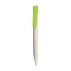 A Wheat Straw Click Pen in light cream with a green clip, featuring a subtle texture and a branding logo.