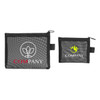 A nylon mesh flat cosmetic bag in grey with a black zipper and two sizes, featuring logos on the front.