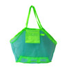 A bright green mesh beach toy bag with a pocket and handles, designed for carrying beach toys and accessories.