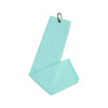 A light aqua waffle golf towel with a metal clip for easy attachment.