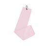 A pink waffle golf towel with a loop for easy attachment, featuring a textured surface.