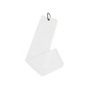A white waffle golf towel with a hanging clip, featuring a textured fabric design.
