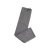 A grey waffle golf towel with a hanging loop. The towel features a textured pattern.