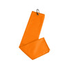 An orange waffle golf towel with a loop for hanging. The fabric has a textured pattern.