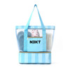 A transparent blue mesh beach tote bag contains flip flops, a pouch, and a compartment at the bottom. Includes a logo.