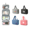 A large capacity hanging toiletry bag in grey, pink, and blue, featuring multiple compartments and a branding logo.