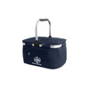 A navy picnic cooler basket with an aluminium handle and a front zipper pocket, featuring a logo on the side.