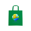 A green cotton bag with short handles and a colourful circular logo design printed on the front.