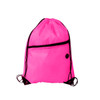A bright pink polyester drawstring bag with a zippered pocket and a logo.