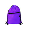 A purple polyester drawstring bag with a zippered pocket and black accents, featuring a logo.