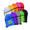 A collection of polyester drawstring bags in various colours, each with a zippered pocket and logo.