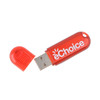 A red flash drive with a removable cap, featuring a logo.