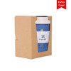 A reusable 350ml bamboo coffee cup in blue, featuring a screw lid and packaging, with a logo.