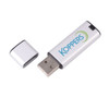 A silver flash drive with a removable cap, featuring a logo.