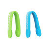 A green and a blue silicone magnetic clip with a logo, designed for holding items together.