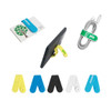 A silicone magnetic clip in various colours: yellow, black, blue, white, and green, featuring a logo.