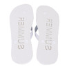A pair of white EVA thongs with a textured sole. The thongs have a simple design and feature a logo.