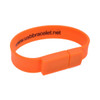 An orange rectangular silicone wristband flash drive, featuring a circular clasp and a logo on the inner band.